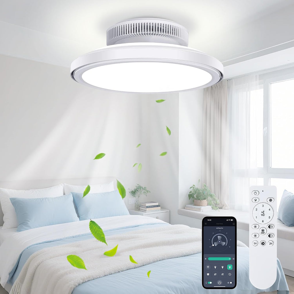 18' Bladeless Ceiling Fan, Low Profile Ceilings Fans with Light for Bedroom, Smart Ceiling Light Fixture with Remote/APP Control, Enclosed Led Flush Mount Ceiling Light 3 Dimmable,White