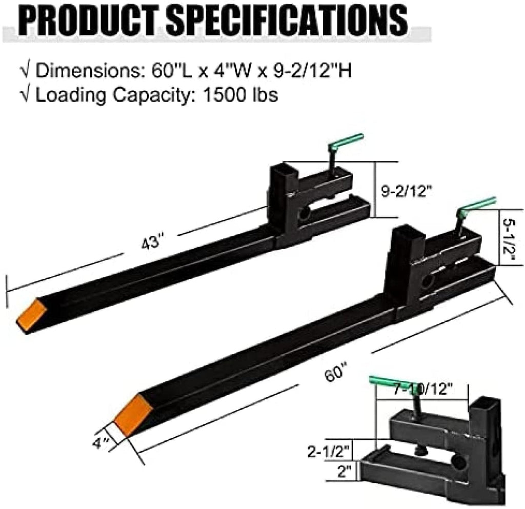 60' 4000 LBS Clamp On Pallet Forks Heavy Duty Forks for Tractor Loader Bucket,60''with Stabilizer Bar 1500LBS