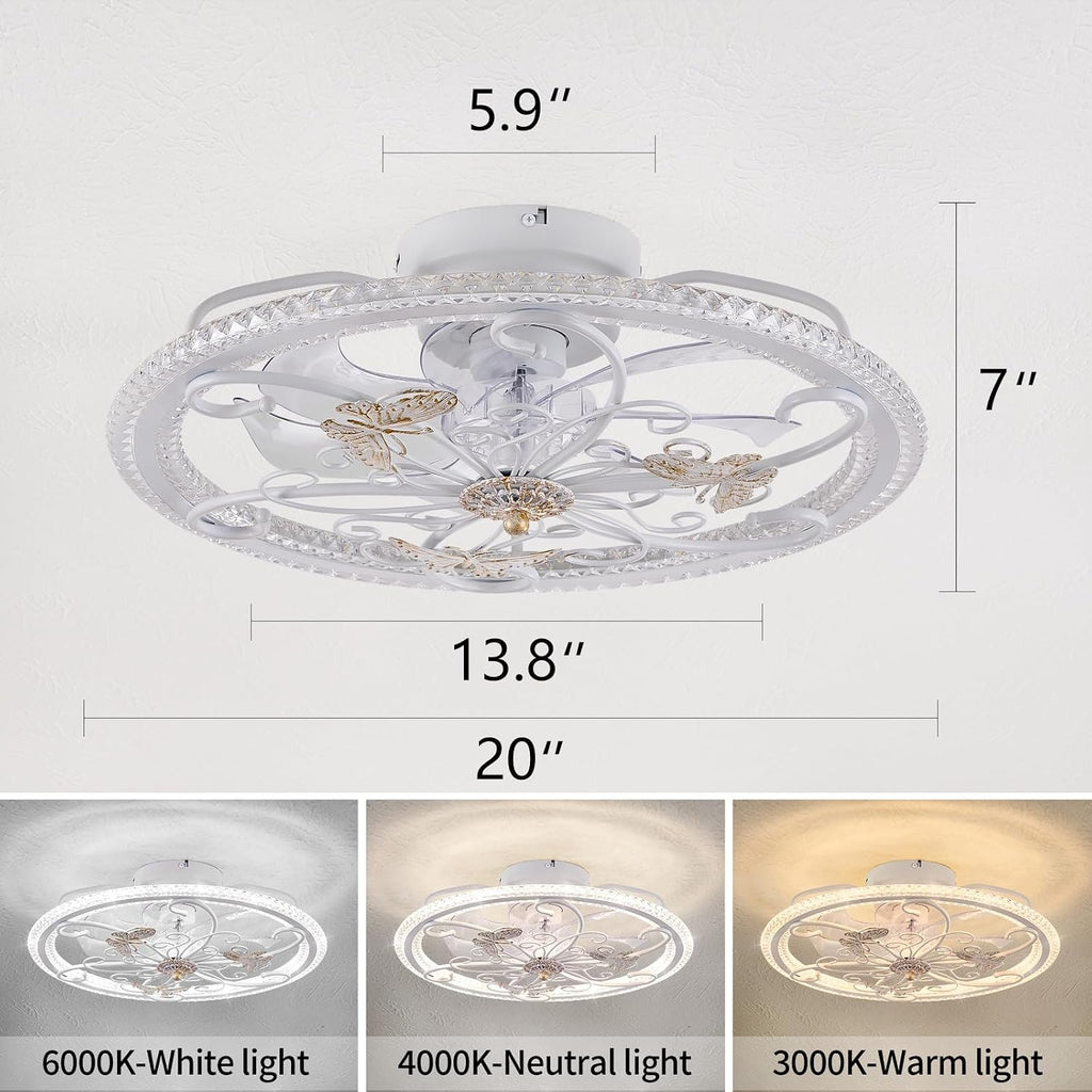 20' White Ceiling Fan with Lights Remote Control, 6 Speeds Retro Industrial Caged Ceiling Fan with Light for Kitchen Bedroom Living Room