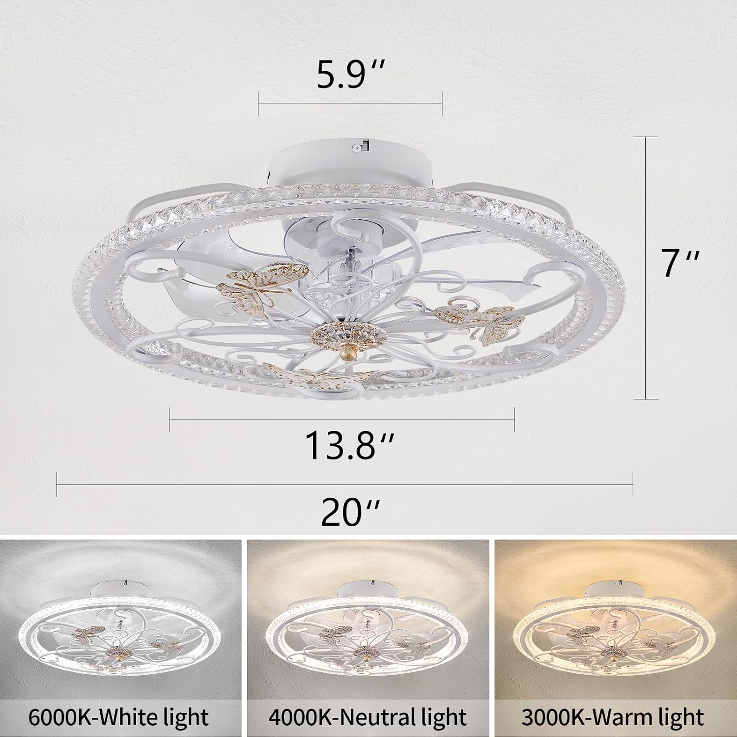 20' White Ceiling Fan with Lights Remote Control, 6 Speeds Retro Industrial Caged Ceiling Fan with Light for Kitchen Bedroom Living Room