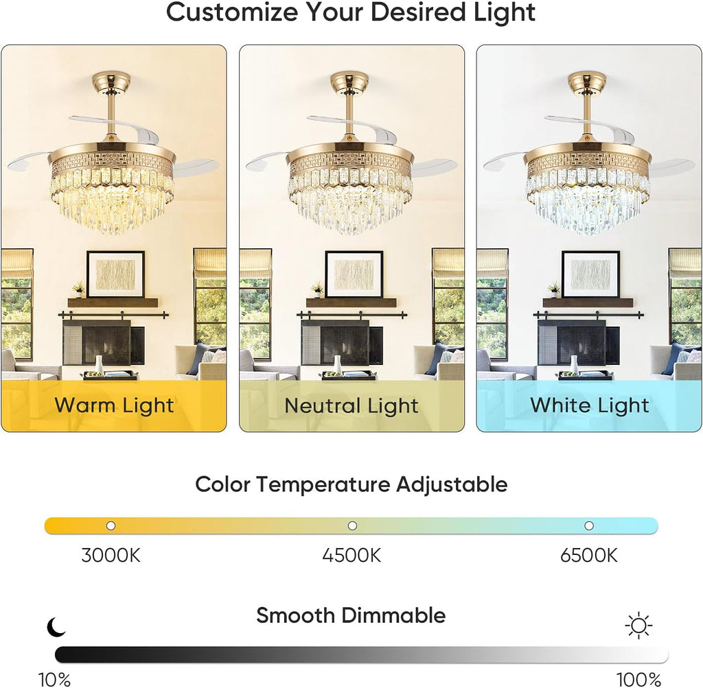 42' Fandelier Ceiling Fan with Light, Chandelier Ceiling Fans with Lights,Retractable Crystal Ceiling Fan for Bedroom Living Room,6 Wind Speed,3 Color Tempeature-Gold