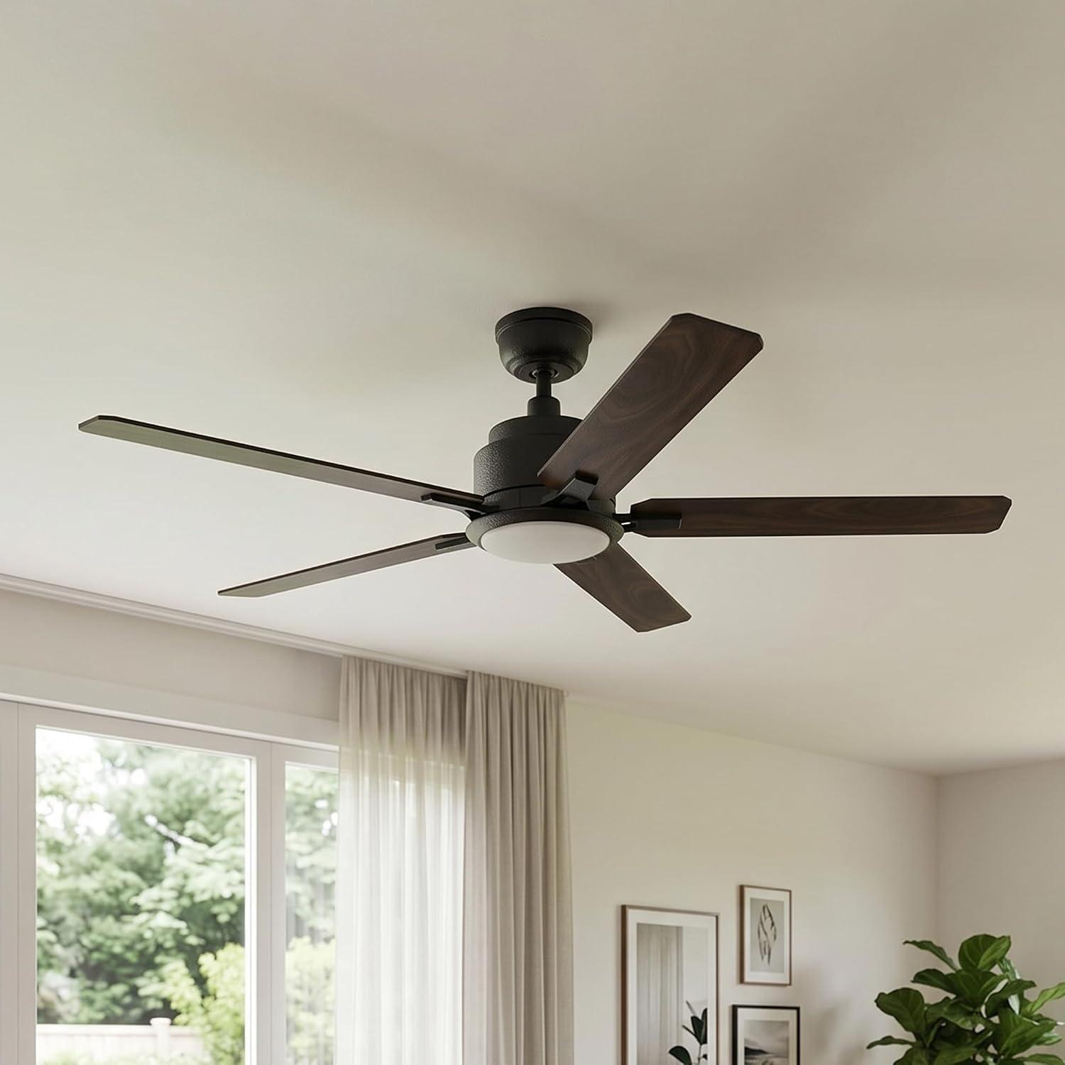 52' Smart Ceiling Fan With Lights, Low Profile With 10 Speeds, Silent DC Motor, Modern Ceiling Fan Compatible with Alexa, Siri, Google & Smart App, Black & Walnut,Indoor & Outdoor, Farmhouse Style