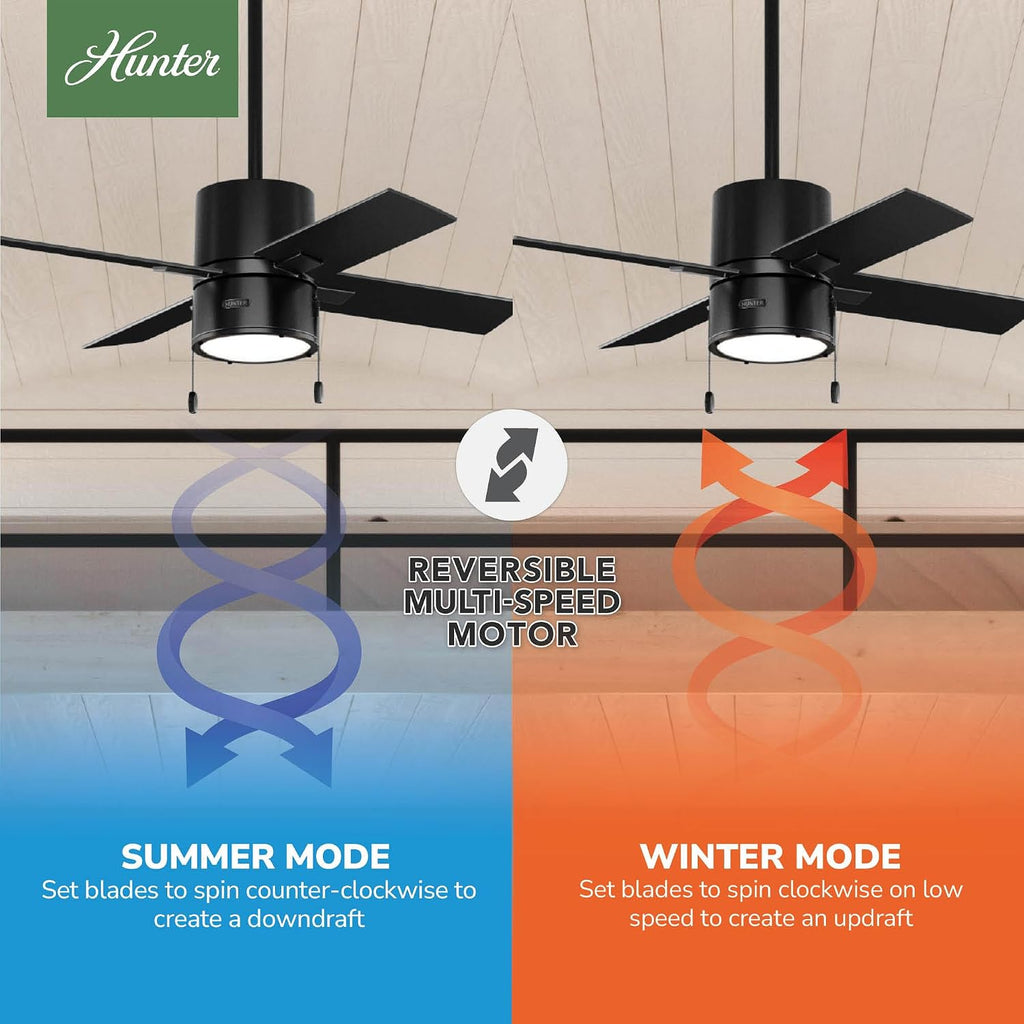 Hunter 42 inch Indoor Ceiling Fan with LED Light - Black Ceiling Fan with Pull Chain, For Bedroom, Living Room, or Kitchen, Standard Mount, No Remote, 4 Blades - Beck 53433, Matte Black