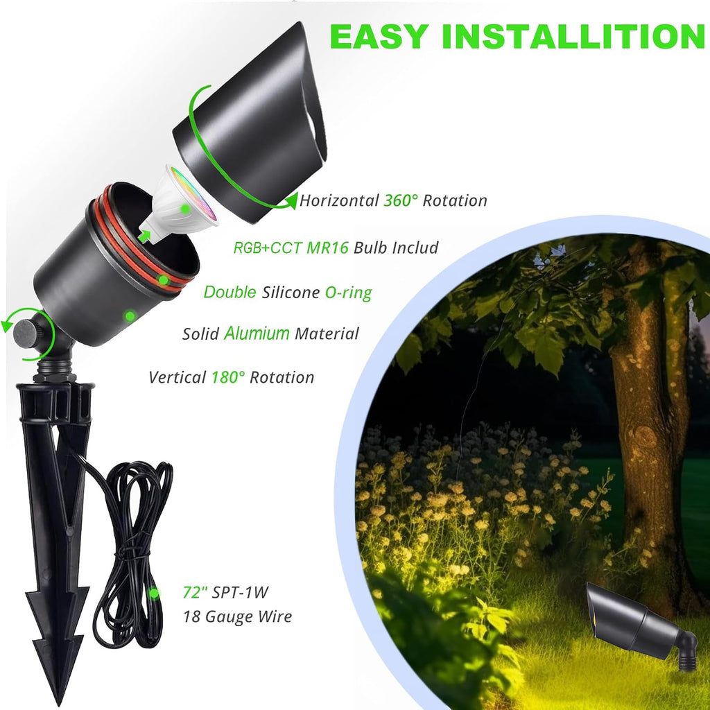 RGB+CCT Low Voltage Outdoor Landscape Lighting with Color Changing,IP65 Waterproof Uplights for Garden and Yard,12V Low Voltage Spotlights,Heavy Duty Accent Fixtures,Remote/APP Control