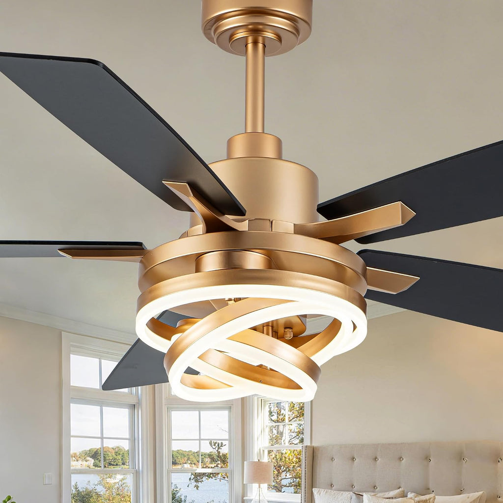 Dawn Whisper 52' Gold Ceilling Fans with Lights Modern Chandelier Fan Fandelier Ceiling Fan with Light for Bedroom, Living Room DC Motor Reversible Dimmable LED