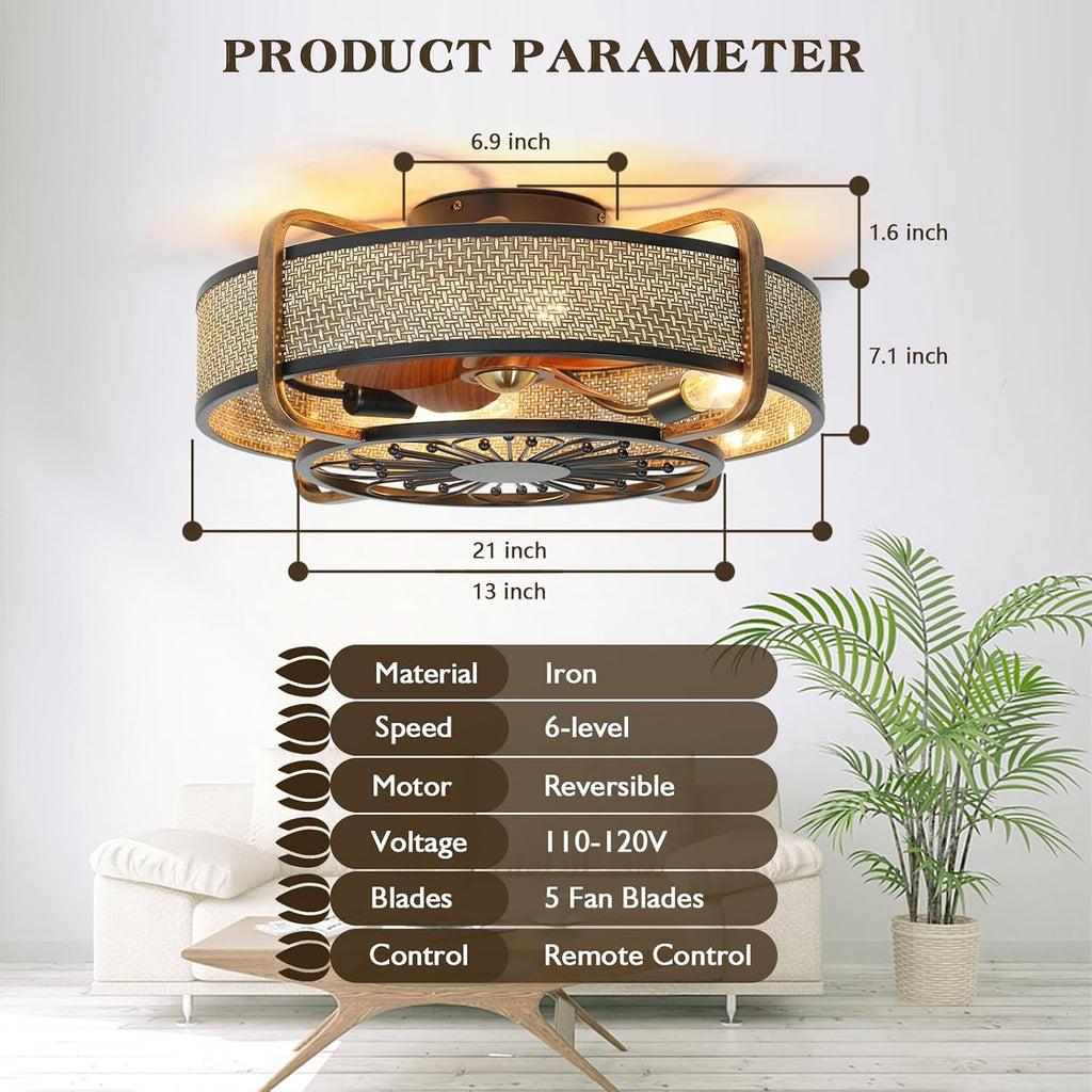 Caged Fandelier With Light and Remote - 21' Rattan Low Profile Enclosed Ceiling Fan, 6 Speeds Reversible Motor, Flush Mount, Black