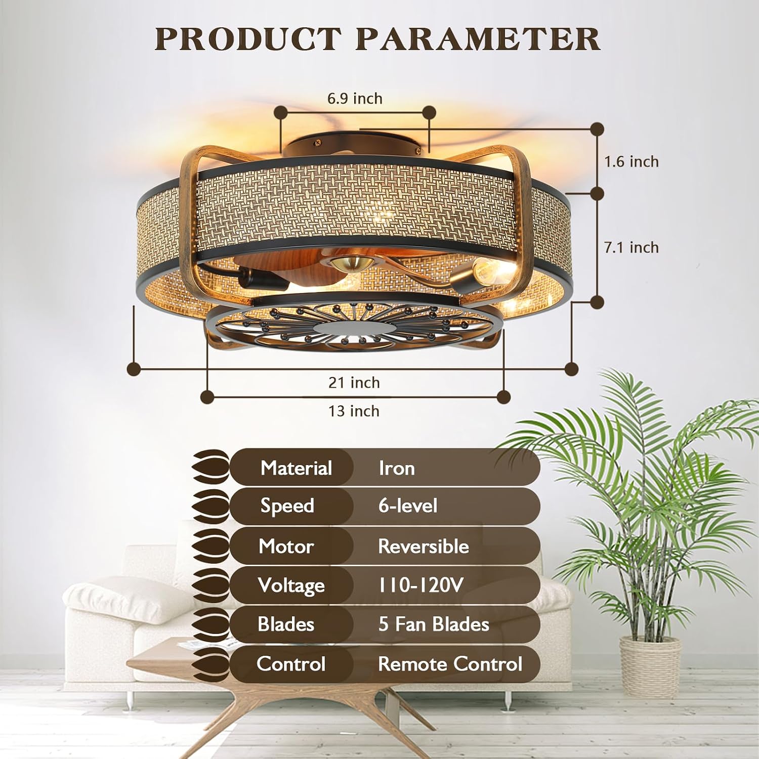 Caged Fandelier With Light and Remote - 21' Rattan Low Profile Enclosed Ceiling Fan, 6 Speeds Reversible Motor, Flush Mount, Black