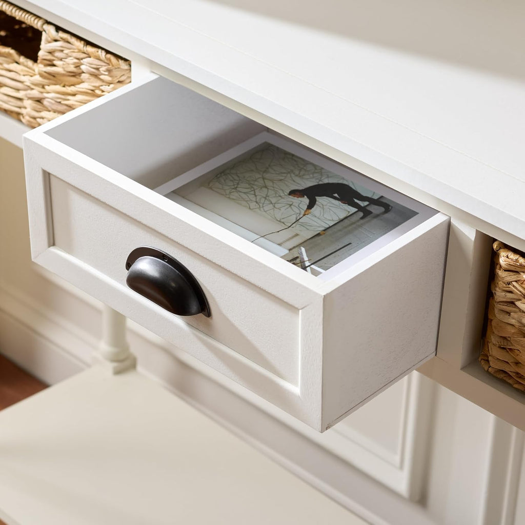 SAFAVIEH Home Collection – Christa Ivory Console Table, 3-Drawer Storage with Natural Basket Drawers, Coastal Entryway Design (AMH5737K)