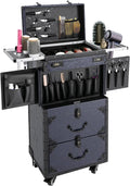 Rolling Makeup Train Case, Lockable Beauty Salon Luggage Hairdressing Trolley with Hair Dryer Holder, Multifunction Cosmetic Luggage Travel Cosmetology Case on Wheels, Dark Blue