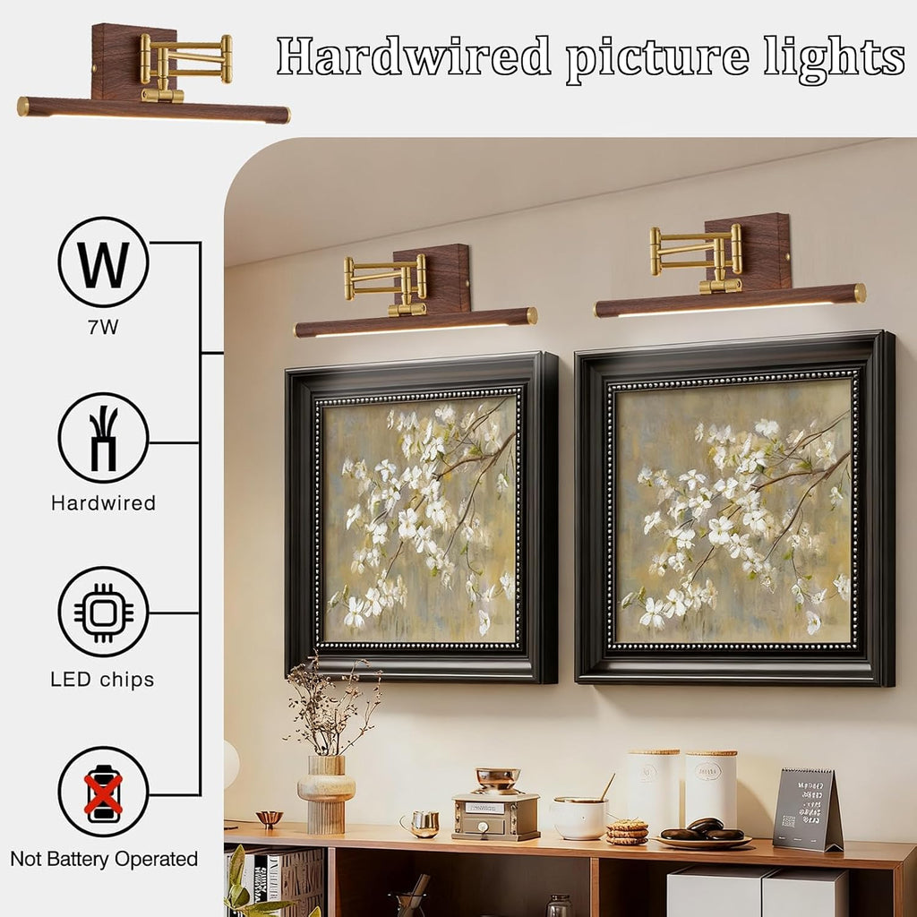 2 Pack Hardwired Dimmable LED Picture Light, Adjustable Swing Arm Wall Art Lamp, Brass Walnut Wood Finish Gallery Lighting for Painting Mirror Artwork Wall Decor