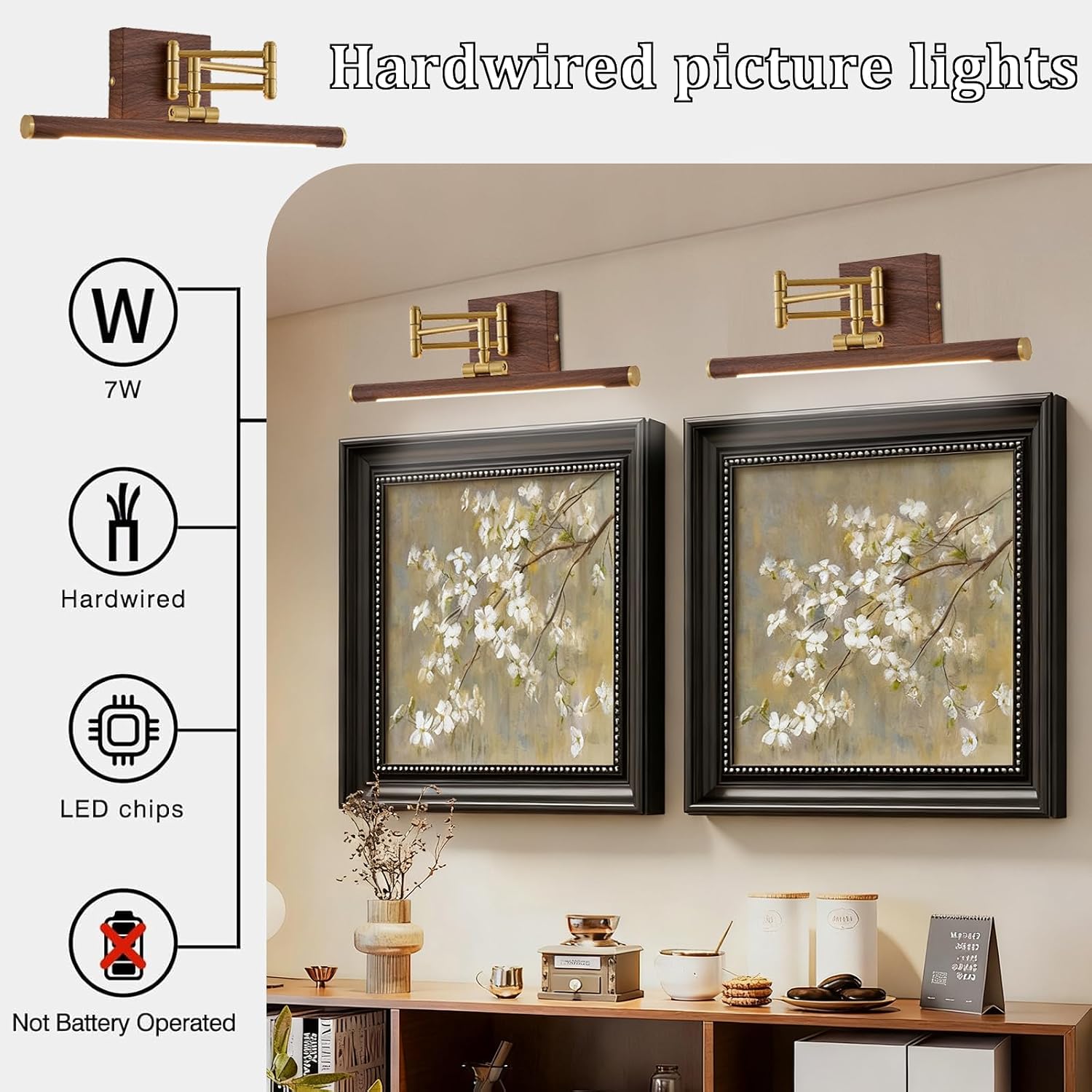 2 Pack Hardwired Dimmable LED Picture Light, Adjustable Swing Arm Wall Art Lamp, Brass Walnut Wood Finish Gallery Lighting for Painting Mirror Artwork Wall Decor