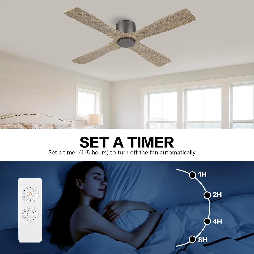 WINGBO 48 Inch Flush Mount DC Ceiling Fan without Lights, 4 Reversible Carved Wood Blades, 6-Speed Noiseless DC Motor, Hugger Ceiling Fan No Lights in Graphite Finish with Gray Blades, ETL Listed