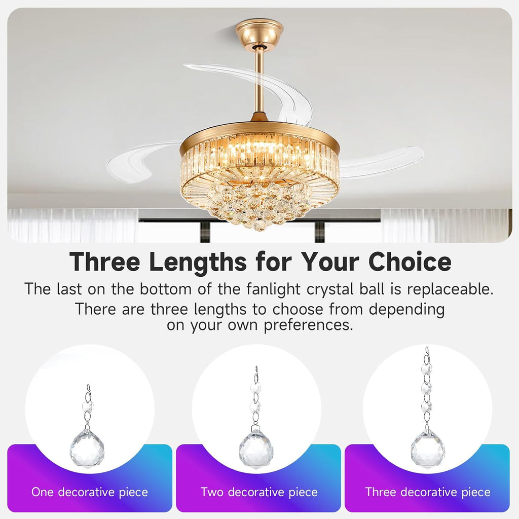 42 Inch Fandelier Ceiling Fans with Light - Retractable Crystal Ceiling Fan and Remote/APP Control, Noiseless DC Motor, RGB Dimmable Lights, Chandelier Ceiling Fan for Bedroom/Living Room Etc