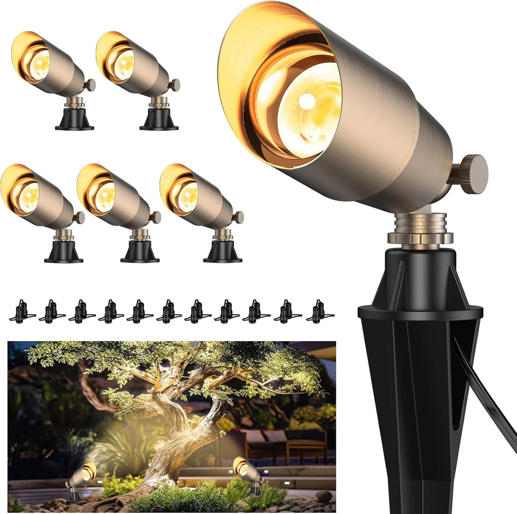 ZONEGRACE Solid Brass Outdoor Uplights & Accent Light Fixtures, Heavy Duty 12V Low Voltage LED Landscape Lighting Bronze, Wired Spot Lights for Garden,Lawn,Patio and Yard Without LED Bulb (6 Pack)