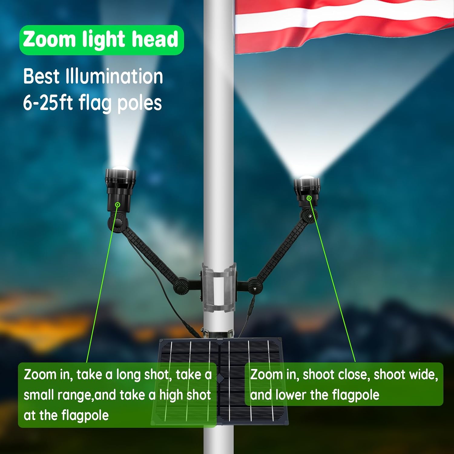 Flag Pole Light Solar Powered, 2-in-1 Super Bright Zoomable Solar Flag Light, 12000mAh 360 Degrees Illumination,Adjustable Bracket, Solar Flagple Light for Most Outdoor 15 to 40 Ft Flag poles