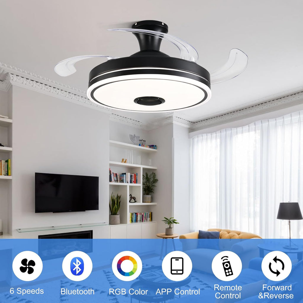 42'' Retractable Ceiling Fan with Lights, Smart Ceiling Fan Light with Bluetooth Speaker, App Control for Dimming & RGB Color Change Reversible Bedroom Living Room