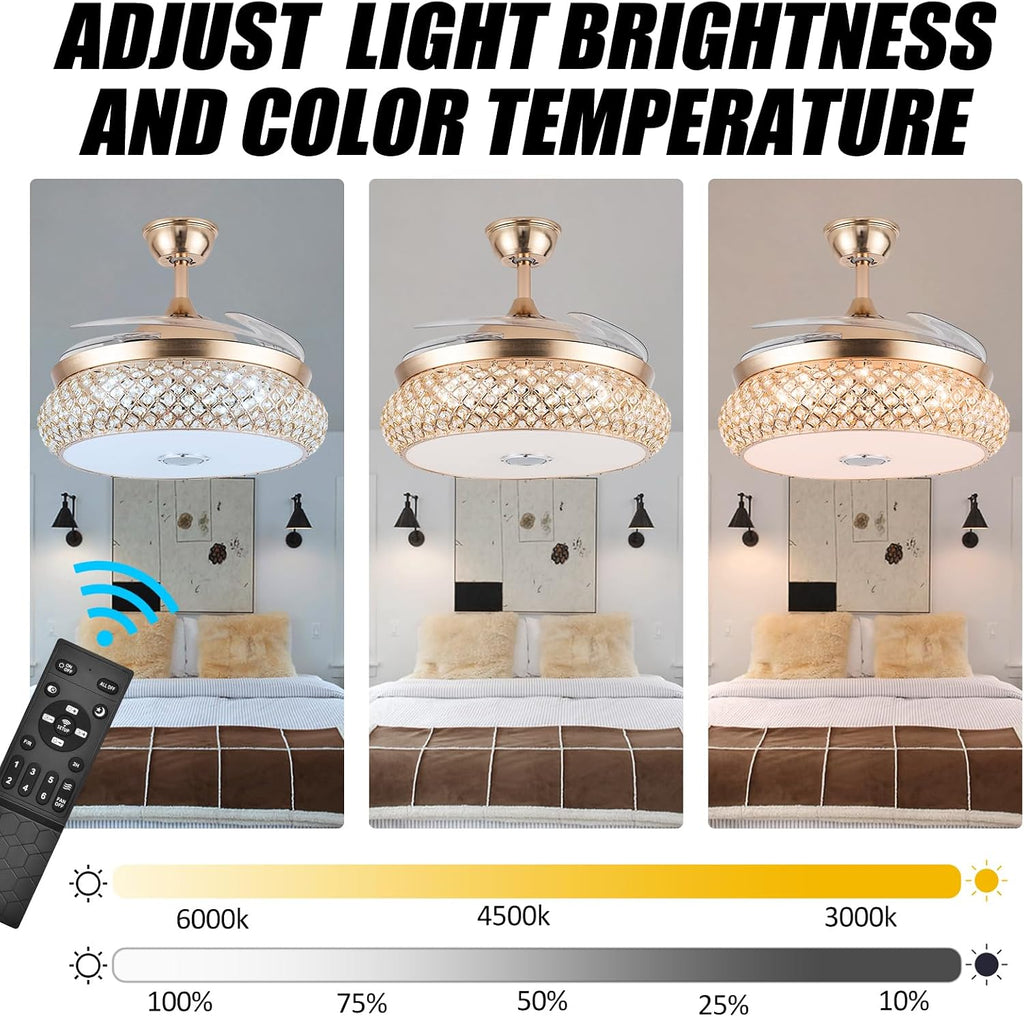 WWahuayuan 42 Inch Retractable Invisible Ceiling Fan with Light and Bluetooth Speaker, Modern Bluetooth Fan Chandelier with Remote Control 3 Color Change 36W LED