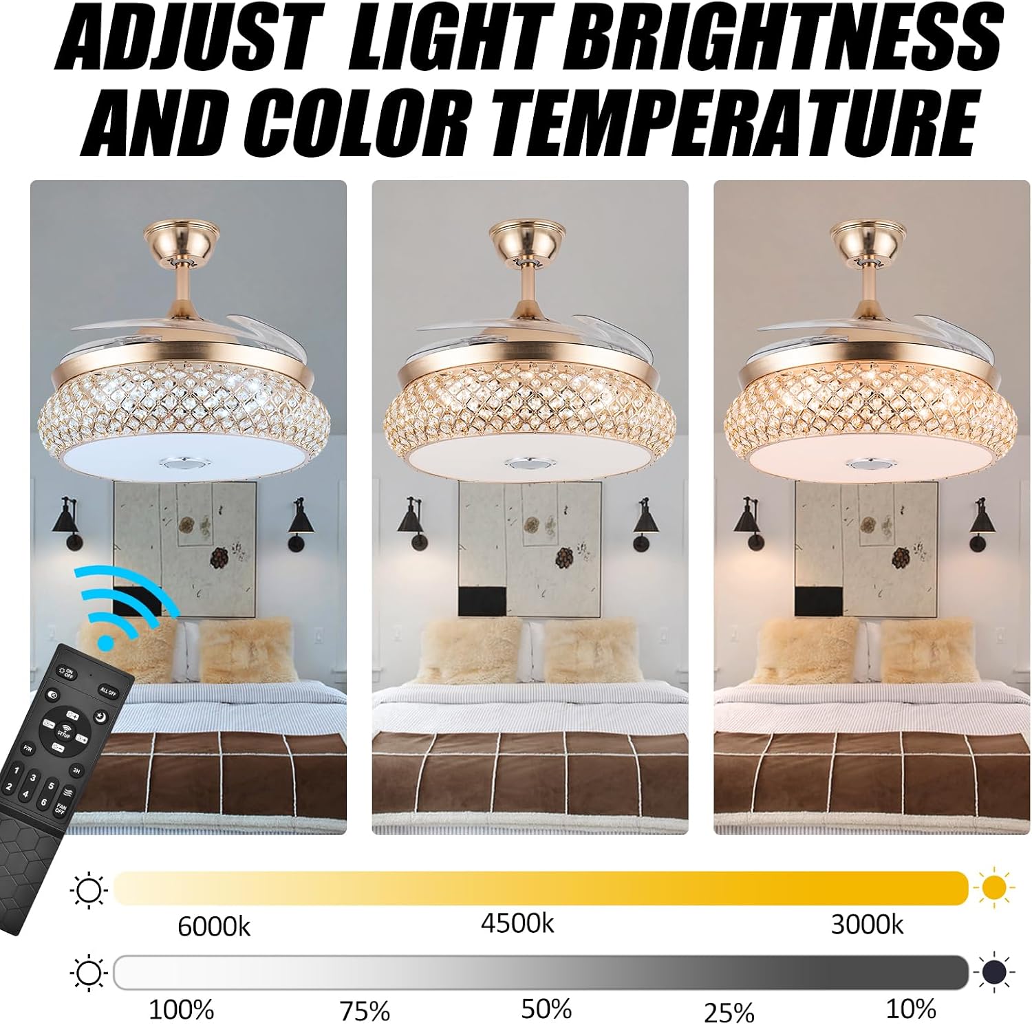 WWahuayuan 42 Inch Retractable Invisible Ceiling Fan with Light and Bluetooth Speaker, Modern Bluetooth Fan Chandelier with Remote Control 3 Color Change 36W LED