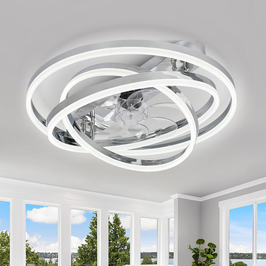 Dawn Whisper Ceiling Fans with Lights, 24' Modern Flush Mount Ceiling Fan with Lights,Low Profile Ceiling Fan with Light for Bedroom,Kids Room Silver