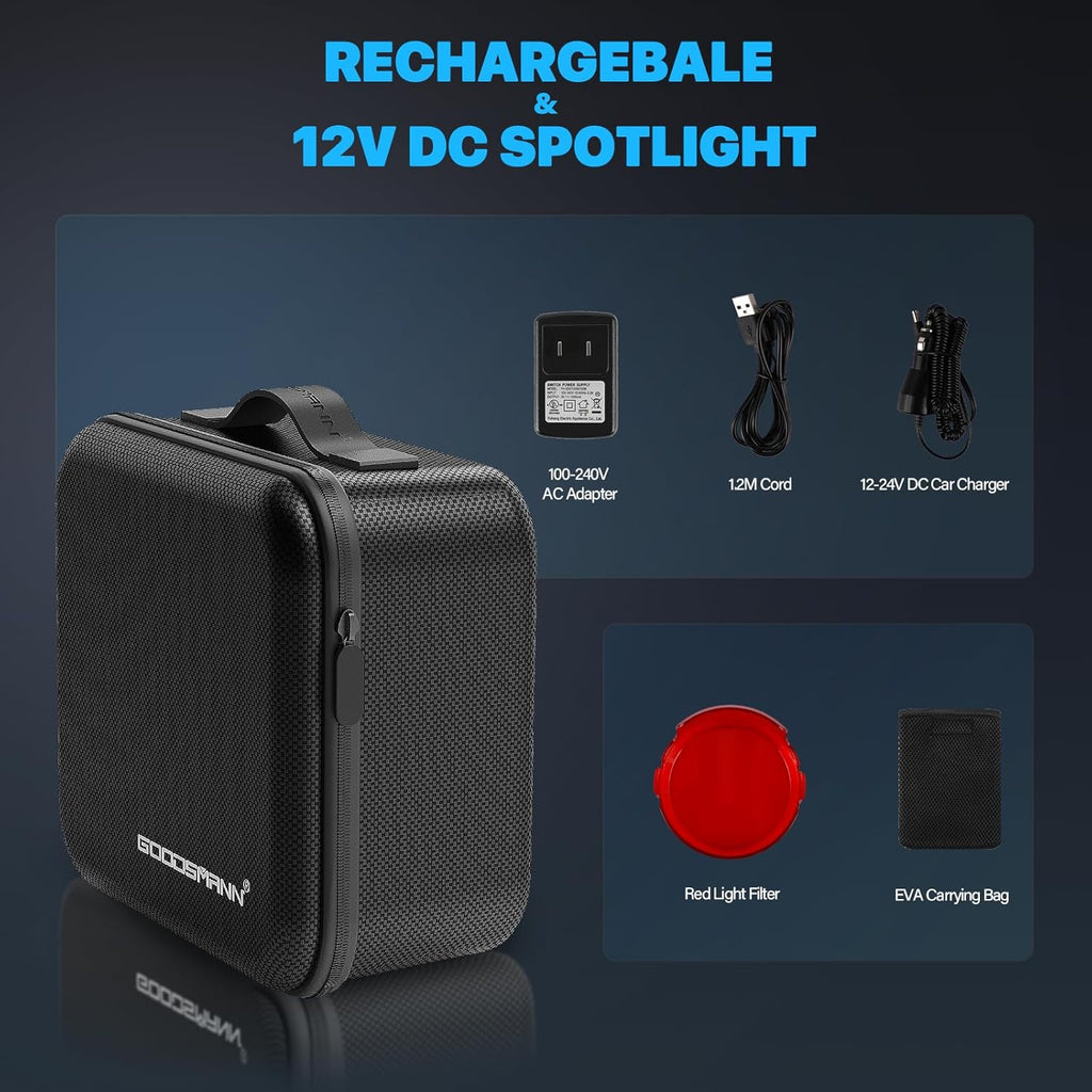 GOODSMANN Spotlight 10000 Lumen Waterproof Rechargeable Marine Spotlight LED Spotlights for Hunting with EVA Carrying Case 9903-C103-01A