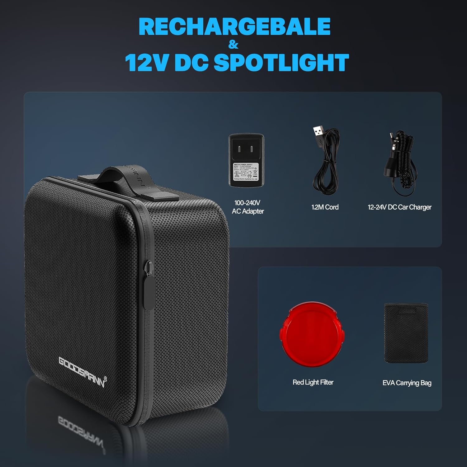 GOODSMANN Spotlight 10000 Lumen Waterproof Rechargeable Marine Spotlight LED Spotlights for Hunting with EVA Carrying Case 9903-C103-01A