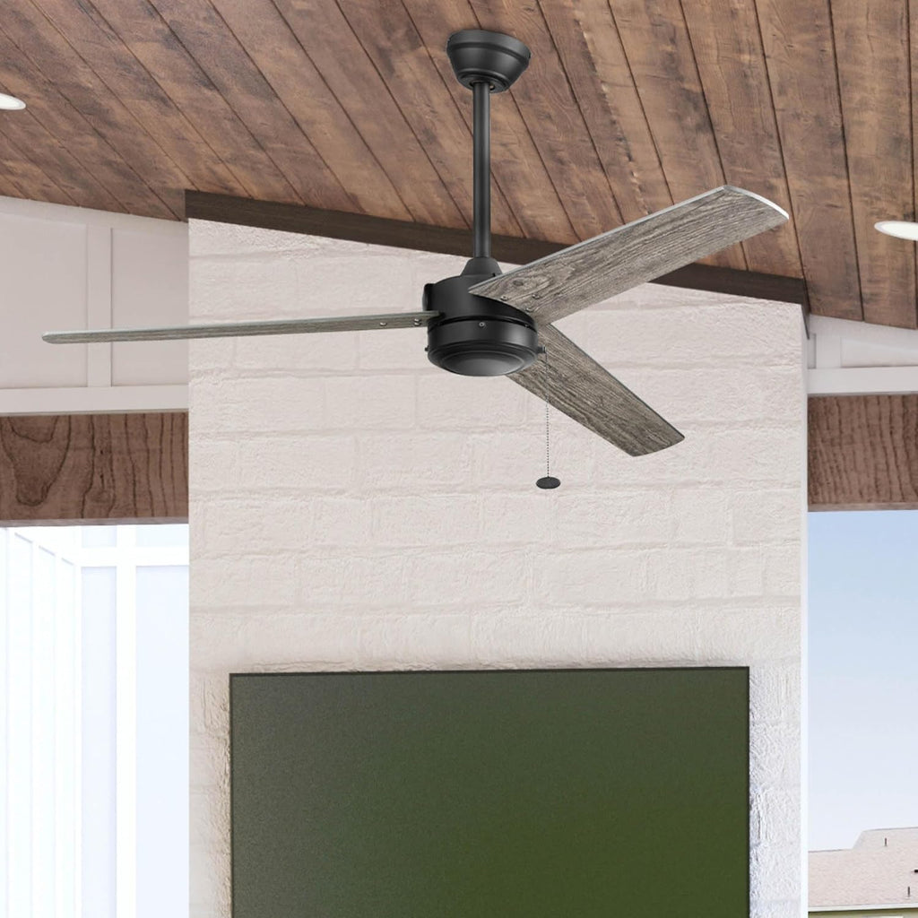 Prominence Home Tenant, 52 Inch Contemporary Indoor Outdoor LED Ceiling Fan, No Light, Pull Chain, Dual Mounting Options, 3 Dual Finish Blades, Reversible Airflow - 51866-01 (Matte Black)