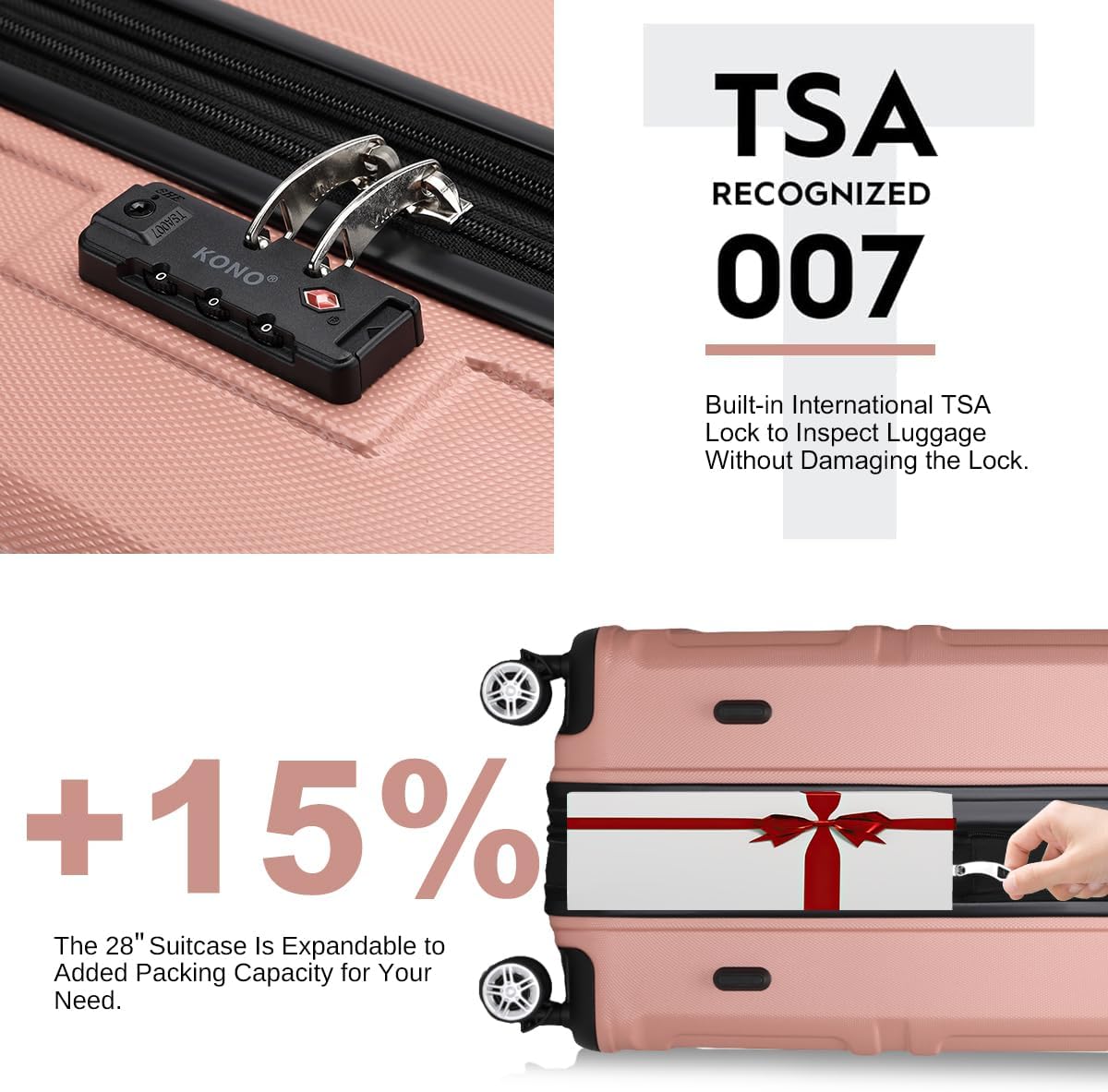Kono 4 Piece Luggage Sets Expandable(only 28') with Spinner Wheels TSA Lock Lightweight PC+ABS Hardside Travel Rolling Suitcases 20in 24in 28in Carry on and 12in Mini Cosmetic Case Nude/Rose Pink