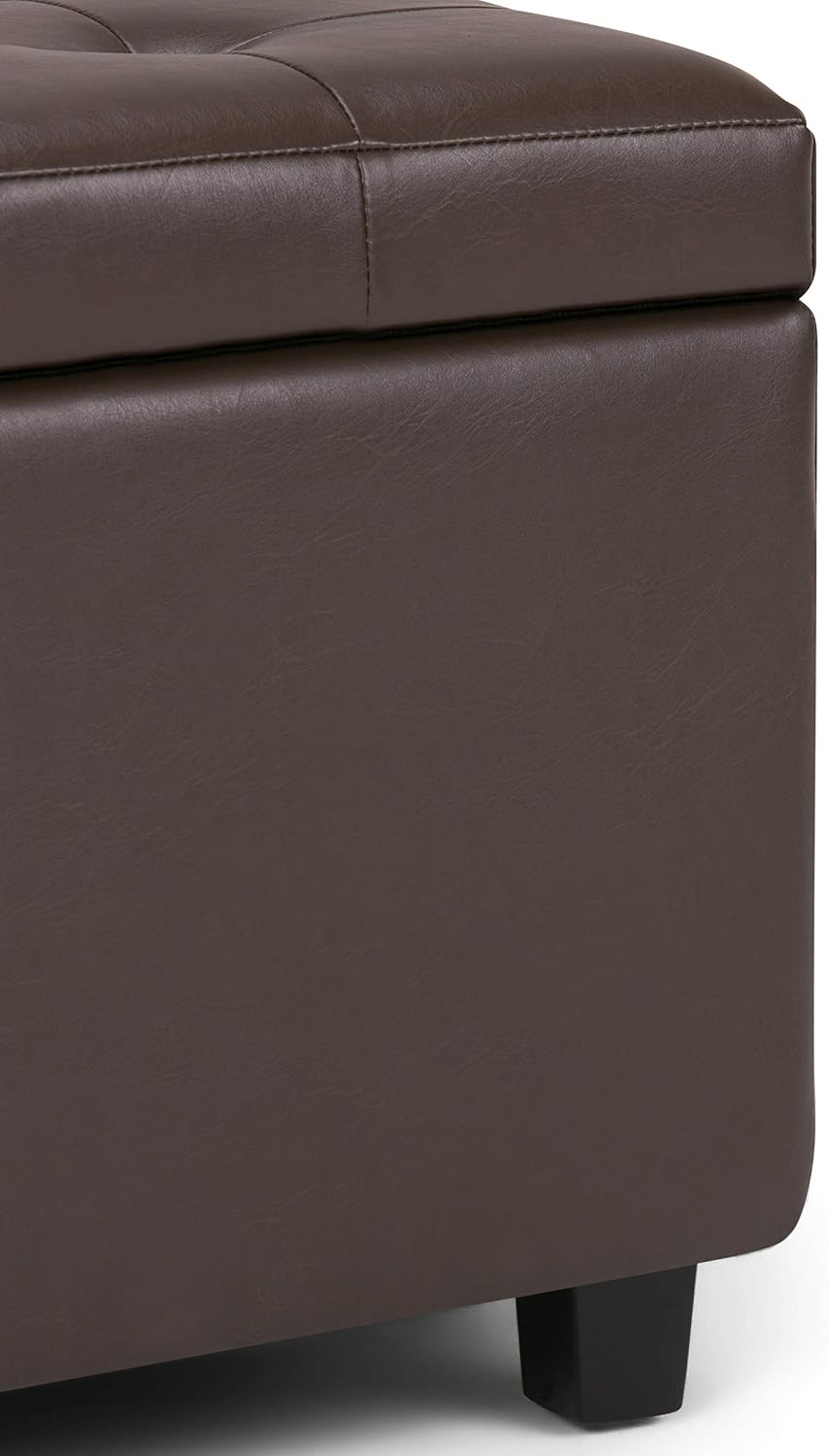 SIMPLIHOME Cosmopolitan Storage Ottoman - 34 inch Wide Upholstered Vegan Leather Rectangle Storage Ottoman Bench in Chocolate Brown, Transitional Tufted Ottoman for Living Room with Lift-Up Lid