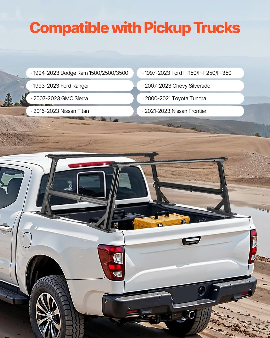 VEVOR Truck Ladder Rack, 21-31.5 in Height, Adjustable Non-Drilling Aluminum Cargo Rack with Sidebar, 800 lbs Static Capacity, Ideal for Canoes, Surfboards, Ladders, Lumber, Tents, and Large Cargo