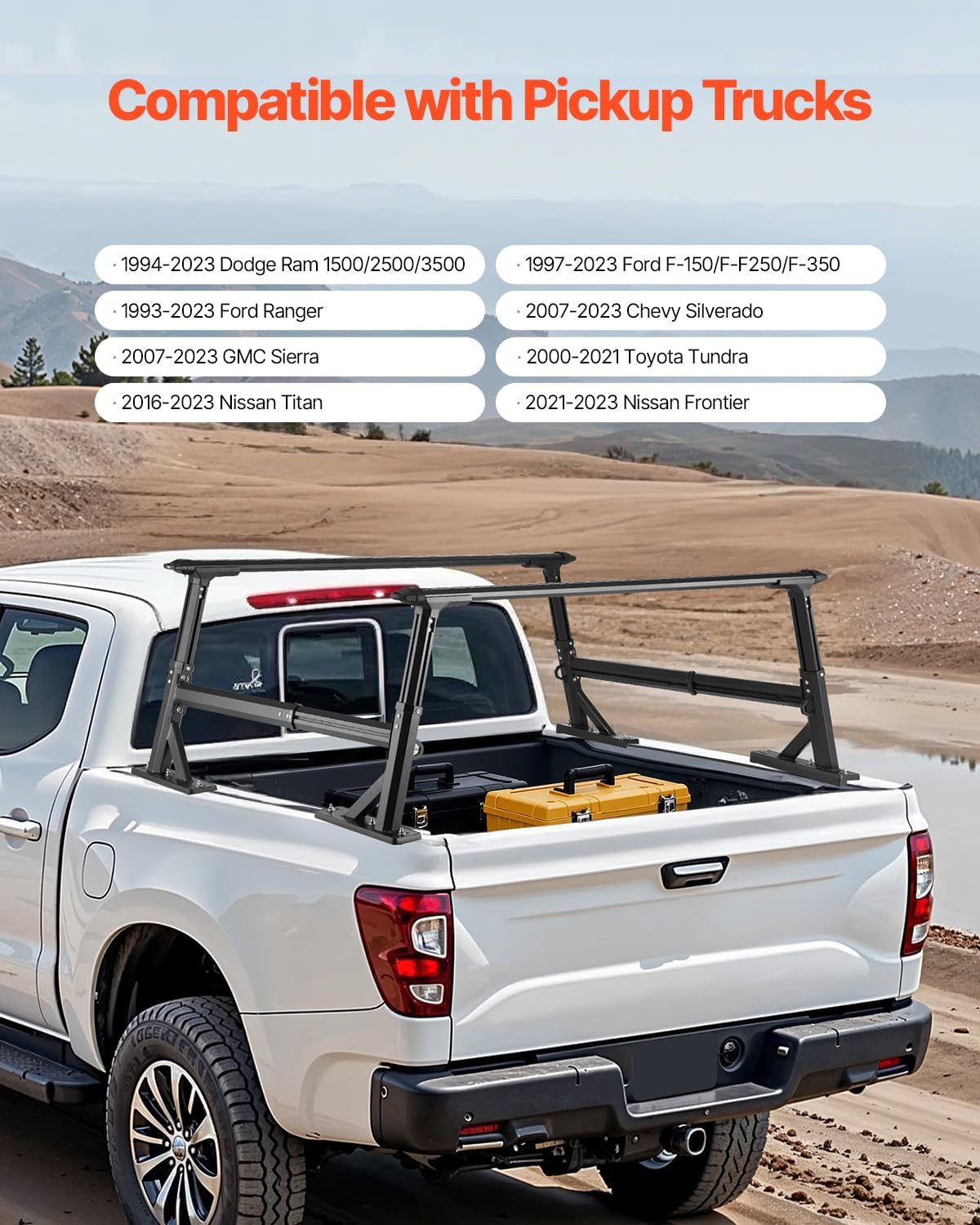 VEVOR Truck Ladder Rack, 21-31.5 in Height, Adjustable Non-Drilling Aluminum Cargo Rack with Sidebar, 800 lbs Static Capacity, Ideal for Canoes, Surfboards, Ladders, Lumber, Tents, and Large Cargo