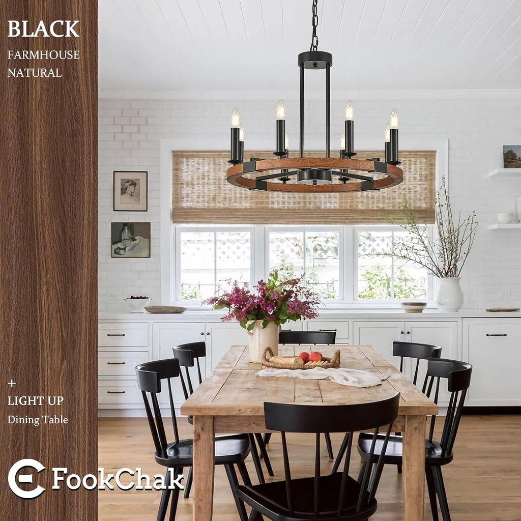 Farmhouse Wooden Wagon Wheel Chandelier 8 Light Round Chandelier Light Fixtures 24in Rustic Wood Wheel Chandelier for Kitchen Island Dining Room Entryway Living Room