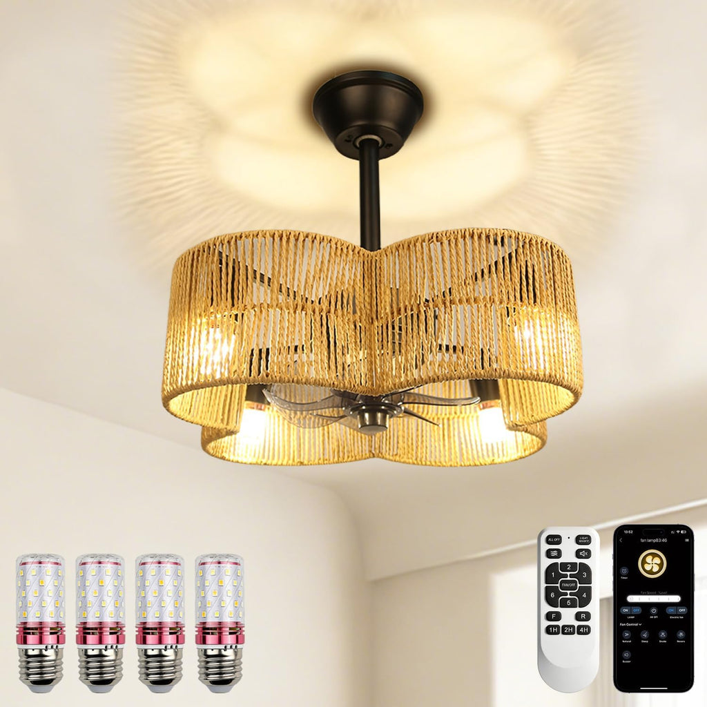 Ceiling Fans with Lights Flush Mount, 20 Inch Caged Low Profile Ceiling Fans with 3 Mode Lighting and Remote Control with E26 Bulbs for Bedroom, Nursery, Garage (Four-Leaf Clover)