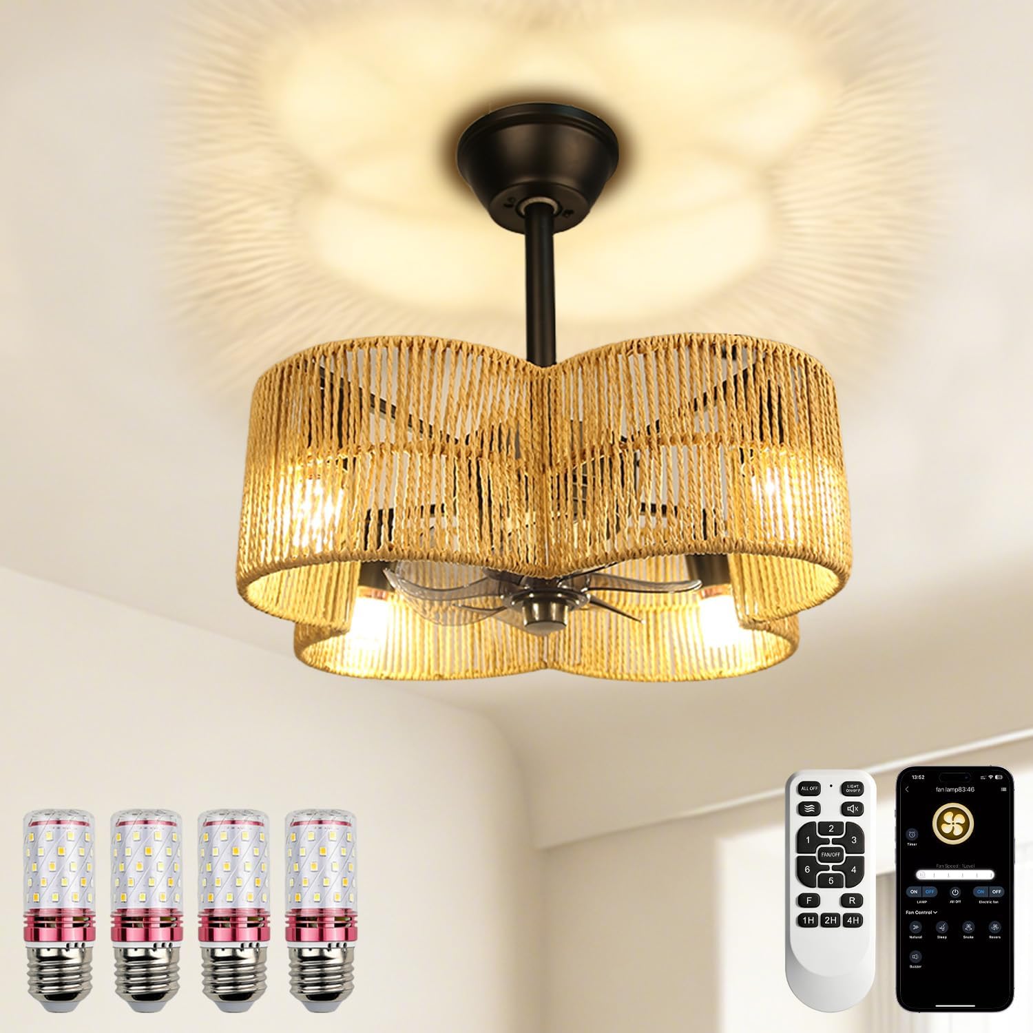 Ceiling Fans with Lights Flush Mount, 20 Inch Caged Low Profile Ceiling Fans with 3 Mode Lighting and Remote Control with E26 Bulbs for Bedroom, Nursery, Garage (Four-Leaf Clover)