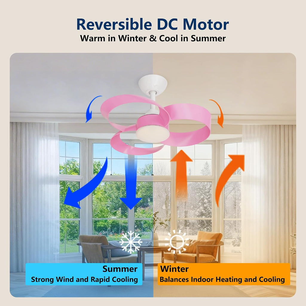 FANX 22 Inch Ceiling Fan with Light and Remote, Quiet DC Motor, Dimmable LED, Reversible 3-Speed Control, Easy Installation Downrod Fan for Small Rooms (Pink)