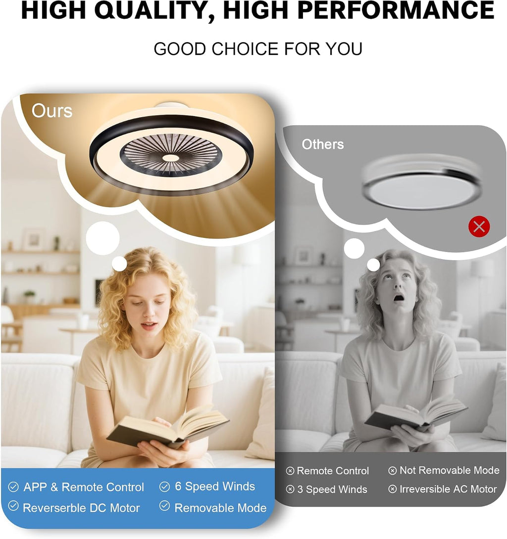24' Bladeless Ceiling Fan with Light Remote, Low Profile Ceiling Fans with App Control, Smart Modern Ceiling Fans with Lights, 3 Dimmable LED Light for Bedroom, Living Room Back