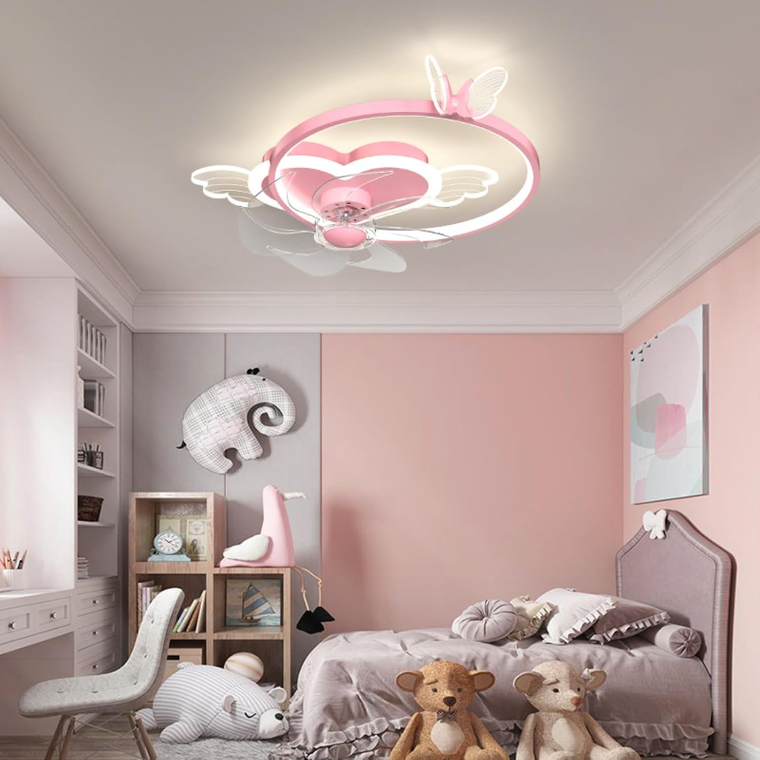 Butterfly Ceiling Fan with Light Pink Ceiling Fan with Light for Girls Room Heart Shape Dimmable LED Fan Light with Remote Control Kids Bedroom Ceiling Fan, 6 Speed Reversible Fan