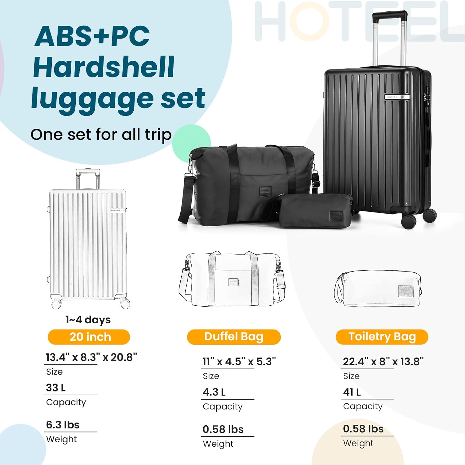 Hoteel Luggage Sets 3 Piece ABS+PC Hardside, 4-Year Warranty, Luggage Set with Spinner Wheels, TSA Lock, Lightweight Carry on Luggage, 20' Suitcase with Duffel & Organizer, Black