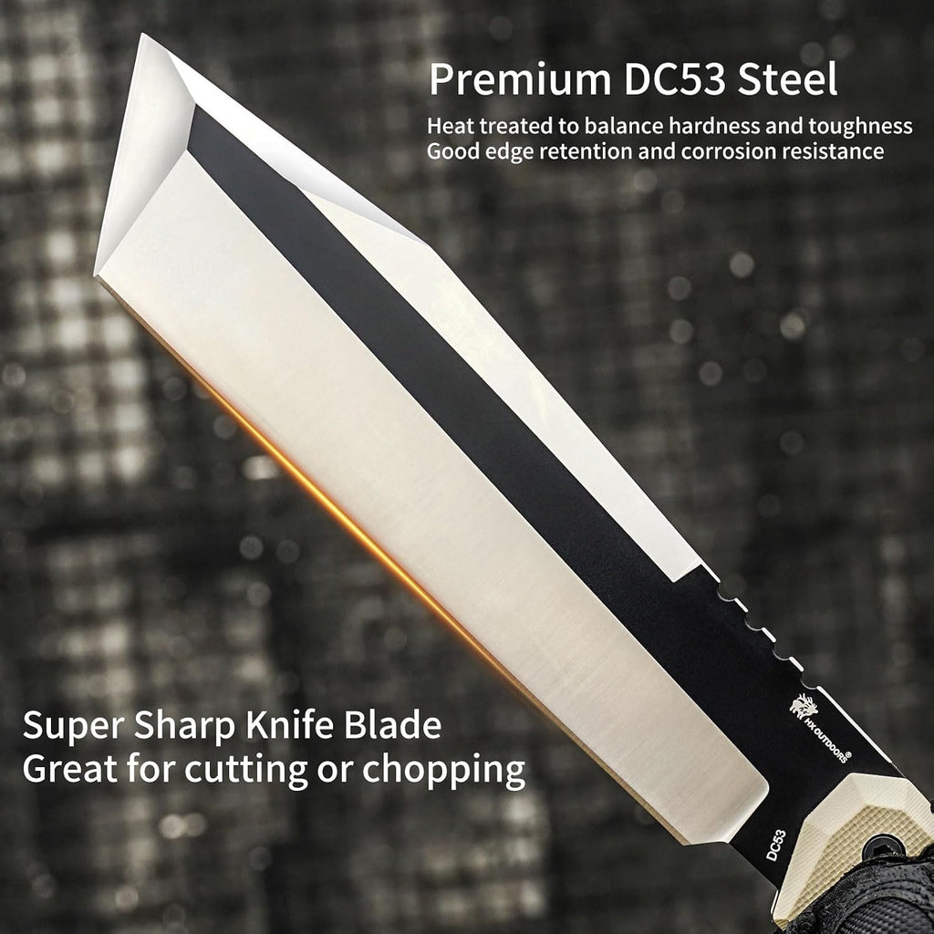 HX OUTDOORS 14 Inch Machete Knife, Premium DC53 Steel Fixed Blade Knife, Kukri Gardening Machete with Kydex Sheath for Yard Work, Cutting Trees, Clearing Brush