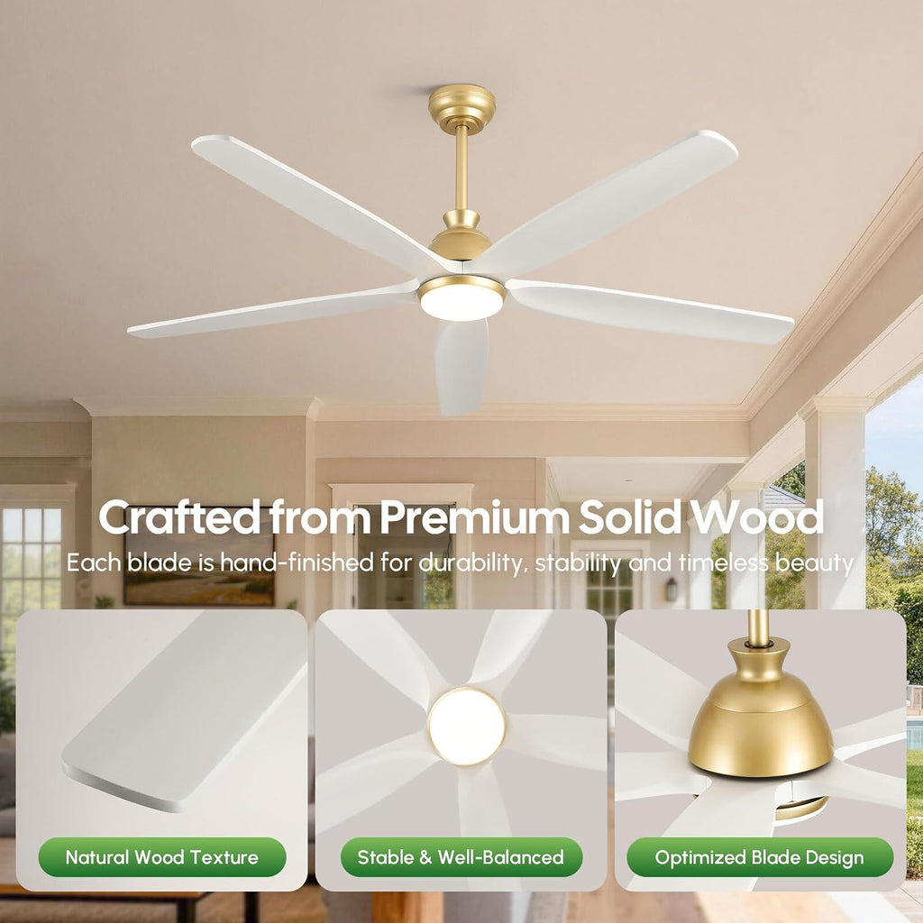 60 Inch Outdoor Ceiling Fan with Lights and Remote, Modern Farmhouse Gold Brass Ceiling Fans, 5 White Solid Wood Blades, Quiet DC Motor, High CFM Airflow, Damp Rated for Patio Porch Large Room Indoor