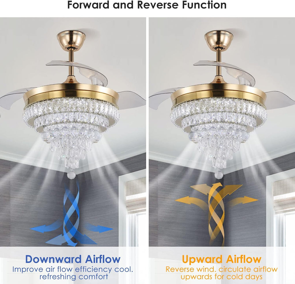 42'' Gold Crystal Fandelier Ceiling Fan with Lights, Dimmable LED Chandelier Fan, Retractable Blades, Remote & APP Control, 6-Speed Reversible, Flush Mount for Bedroom Living Room Dining Room