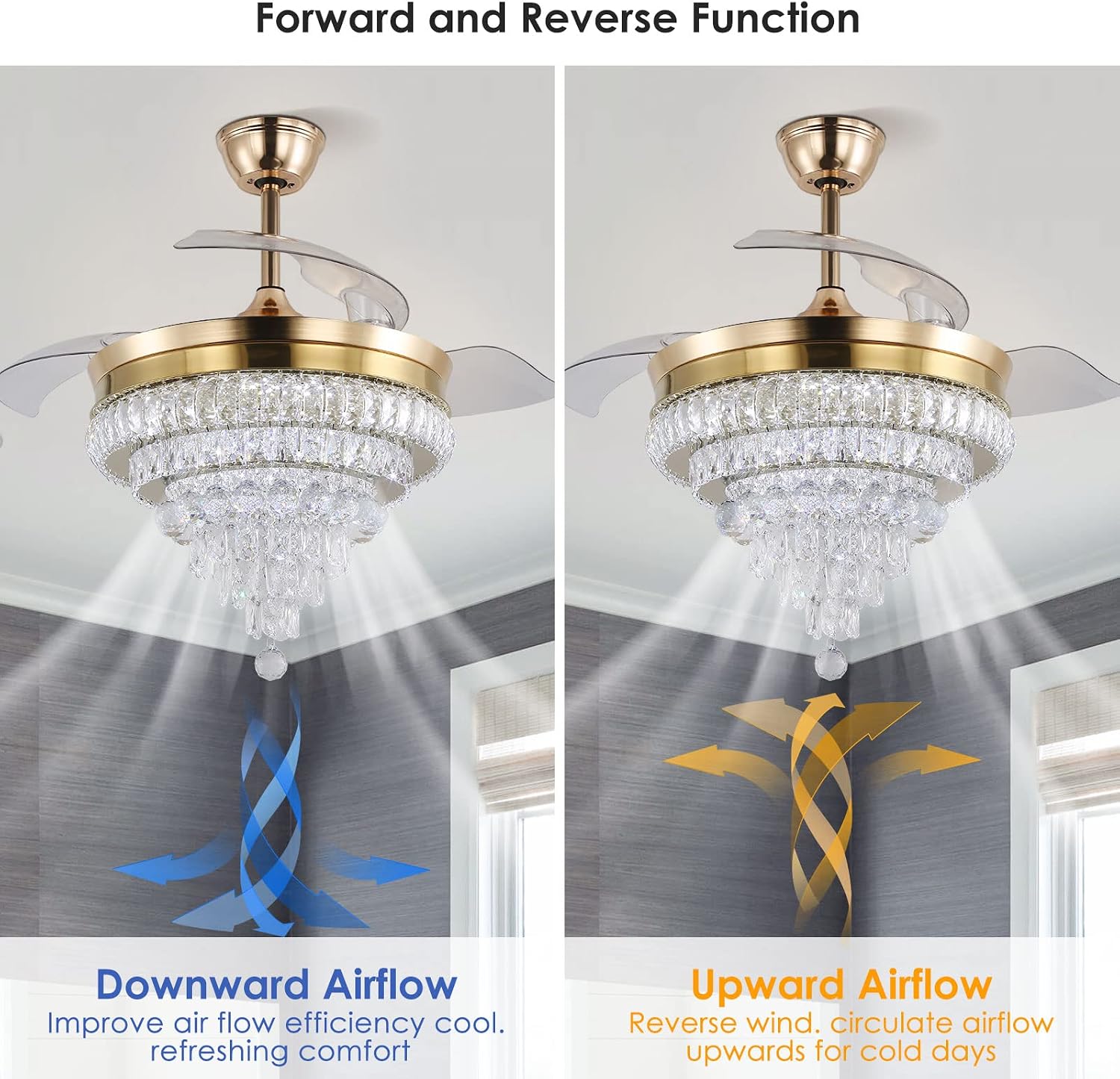 42'' Gold Crystal Fandelier Ceiling Fan with Lights, Dimmable LED Chandelier Fan, Retractable Blades, Remote & APP Control, 6-Speed Reversible, Flush Mount for Bedroom Living Room Dining Room