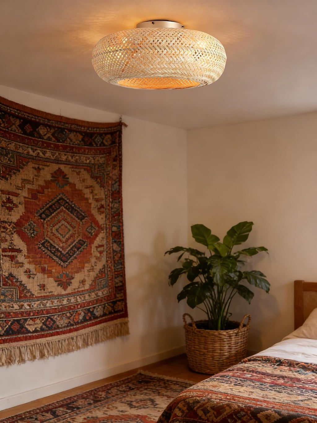 20in Boho Ceiling Fans with Lights,Rattan Caged Low Profile Ceiling Fan with Light,6 Speeds Timer Reversible DC Motor for Living Room Bedroom Dining Room