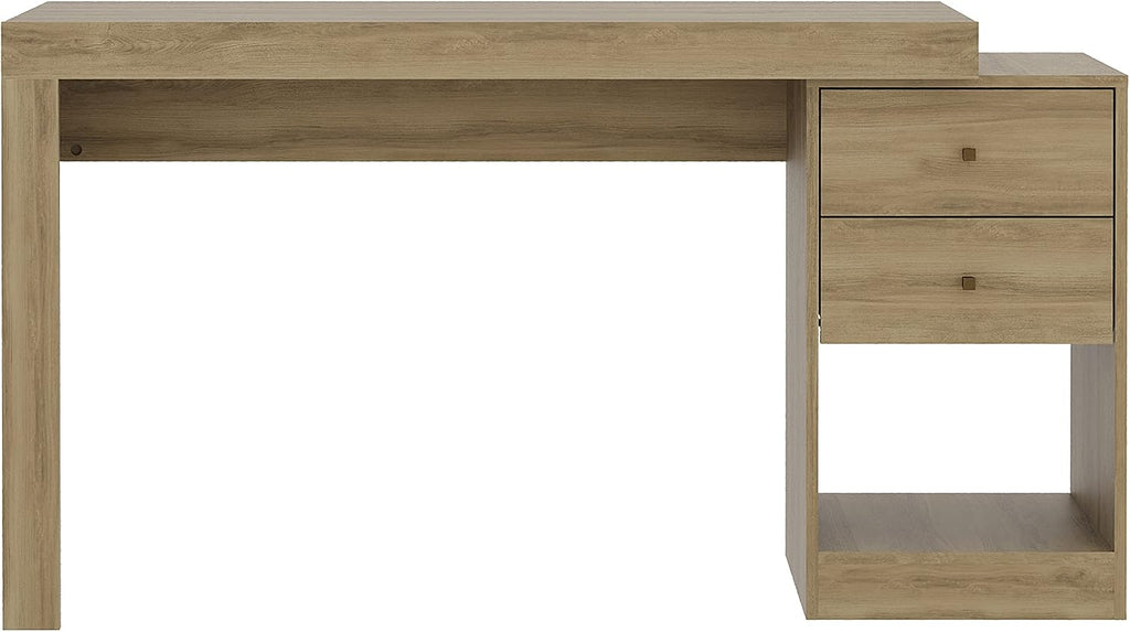 Expandable Desk with Storage Drawers & Open Shelf - Expands from 47 Inch to 57 Inch - Pine Computer Desk with Printer Space - Modern Home Office Table with Drawers - Techni Mobili Blanco Collection