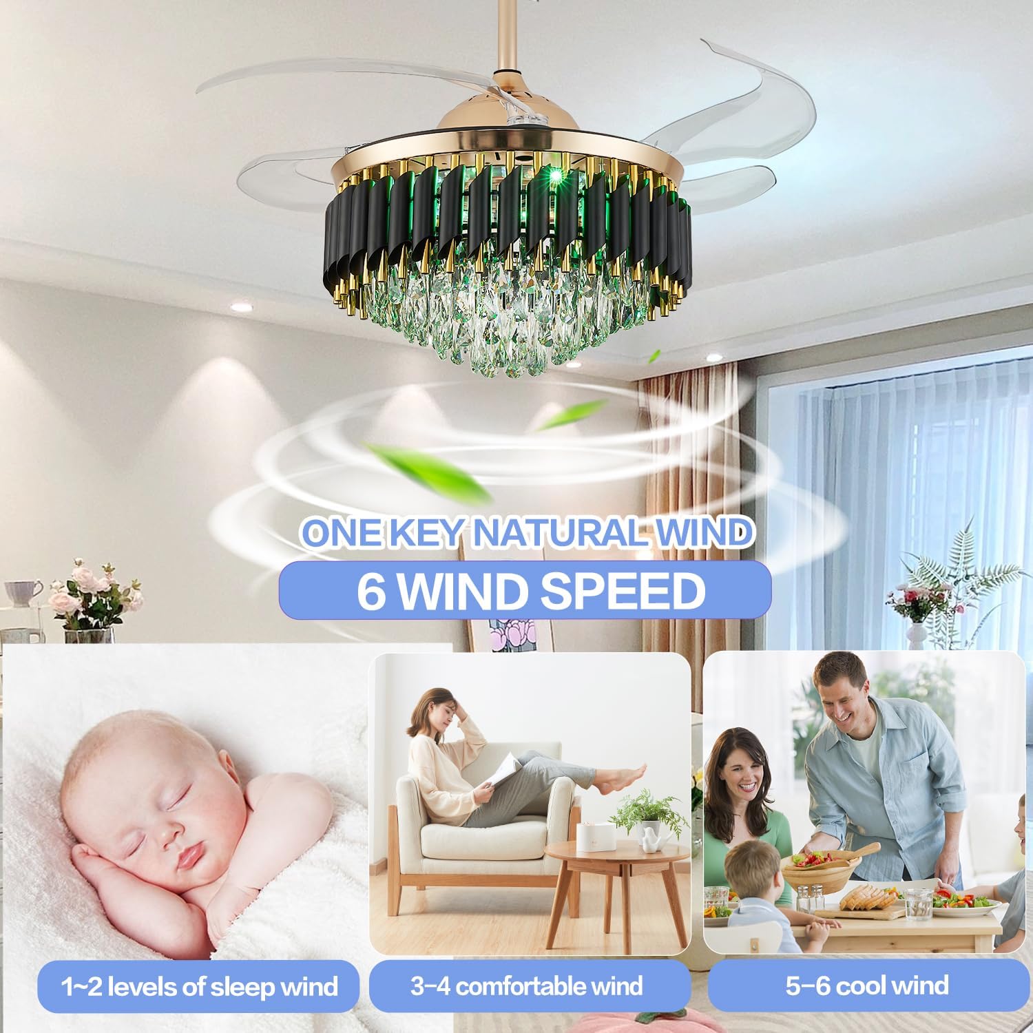 36' Bluetooth Ceiling Fan with Speaker, RGB-LED Dimmable Light 6 Speeds Reversible Blades Modern Fandelier Chandelier with Remote APP Control Memory Timer Function for Bedroom Gold