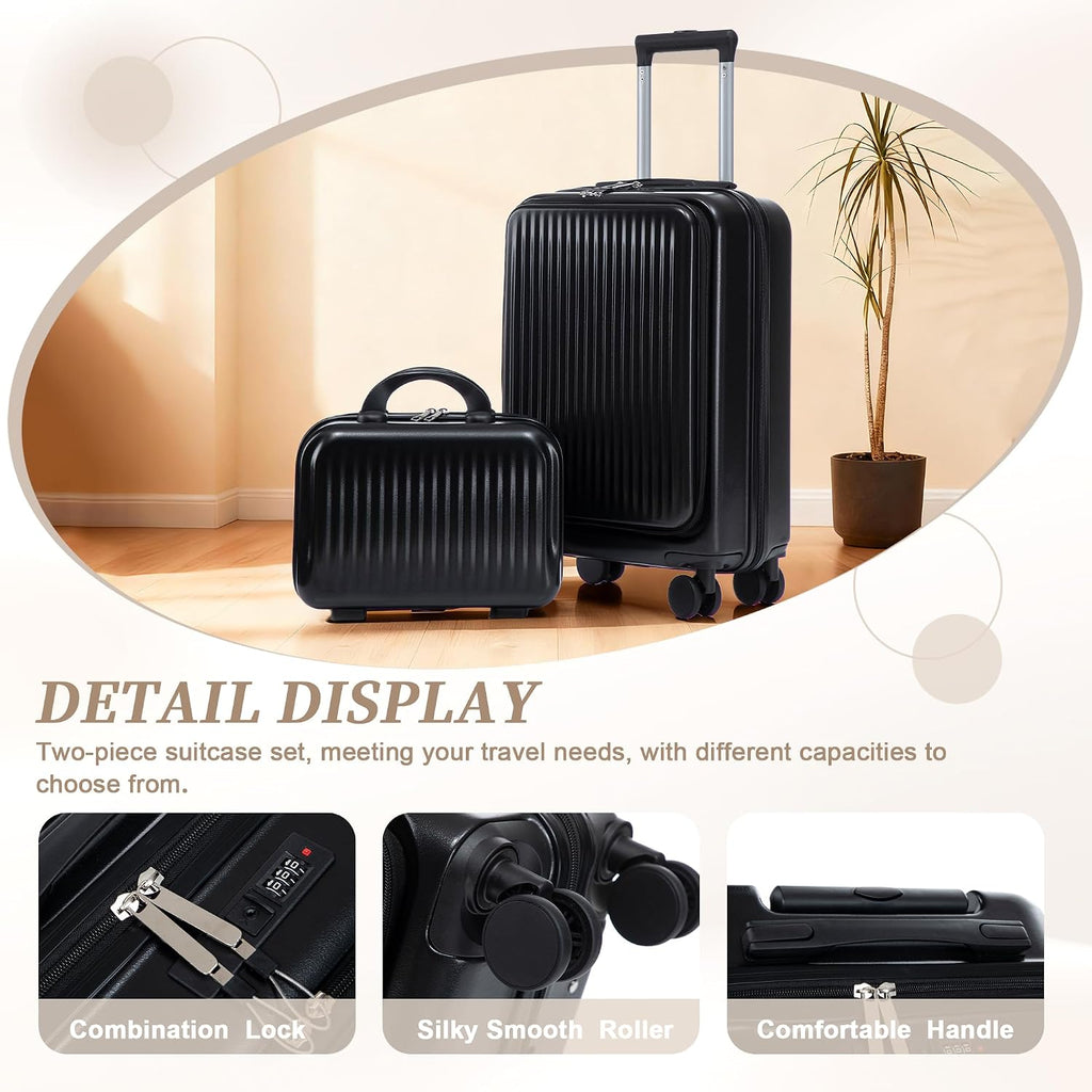 Two-piece luggage set with swivel wheels black hard shell 20-inch carry-on and 14-inch vanity case (Black)