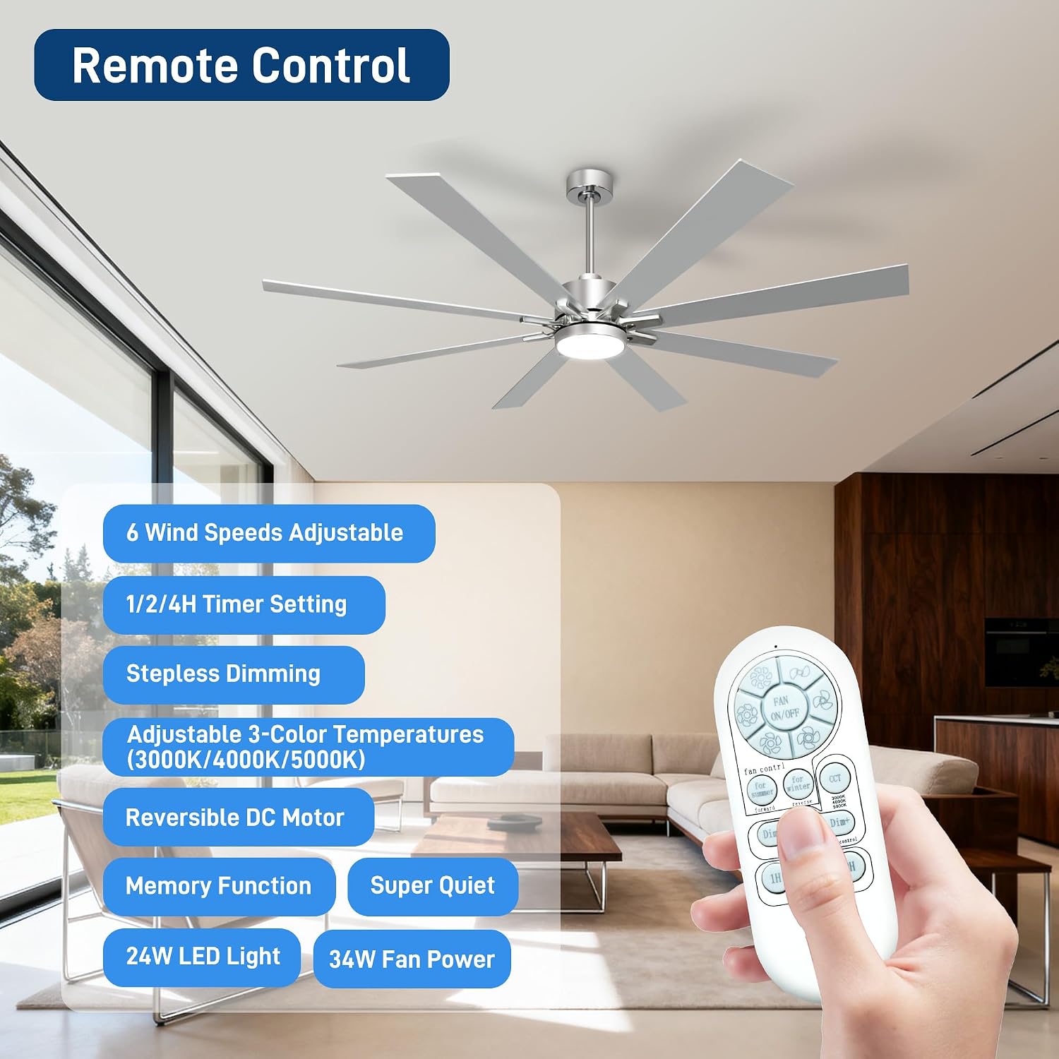 62 Inch Ceiling Fans with Lights and Remote Control, Low Profile & Downrod Mount 8-Blade Modern Nickel Ceiling Fan, 3CCT Dimmable LED Light, Quiet DC Motor for Bedroom Living Room, ETL Listed