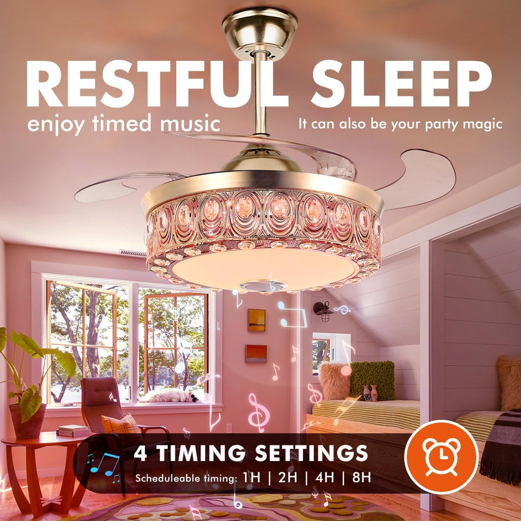 42' Crystal Fandelier Ceiling Fan with Light and Remote Bluetooth Speaker Modern Gold Chandelier Ceiling Fan Dimmable RGB Colors Retractable Blades for Dinning Room Bedroom