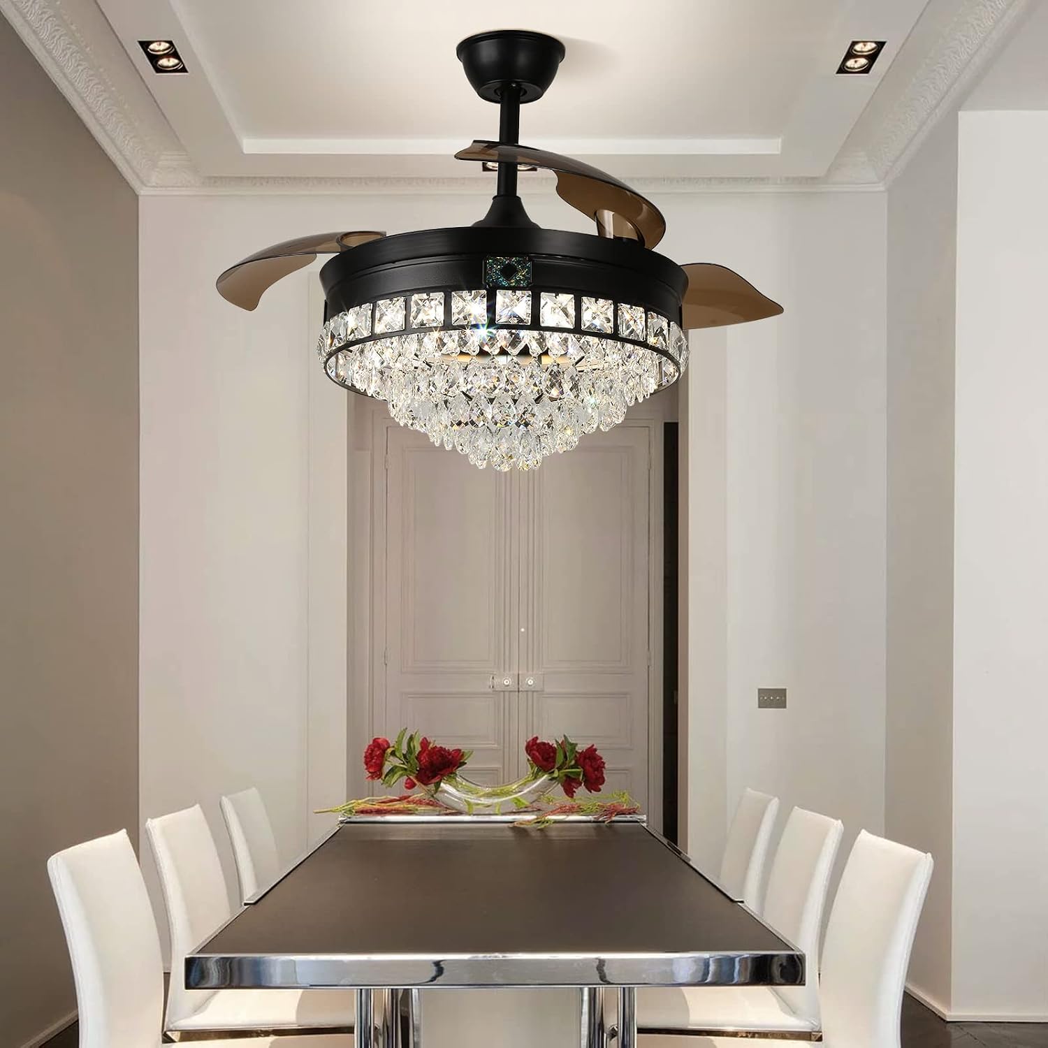 42' Black Crystal Ceiling Fan with Lights, Modern Dimmable Fandelier with Remote, LED Retractable Blades 3-Color with Memory Invisible Crystal Chandelier Fan for Living Room Dining Room