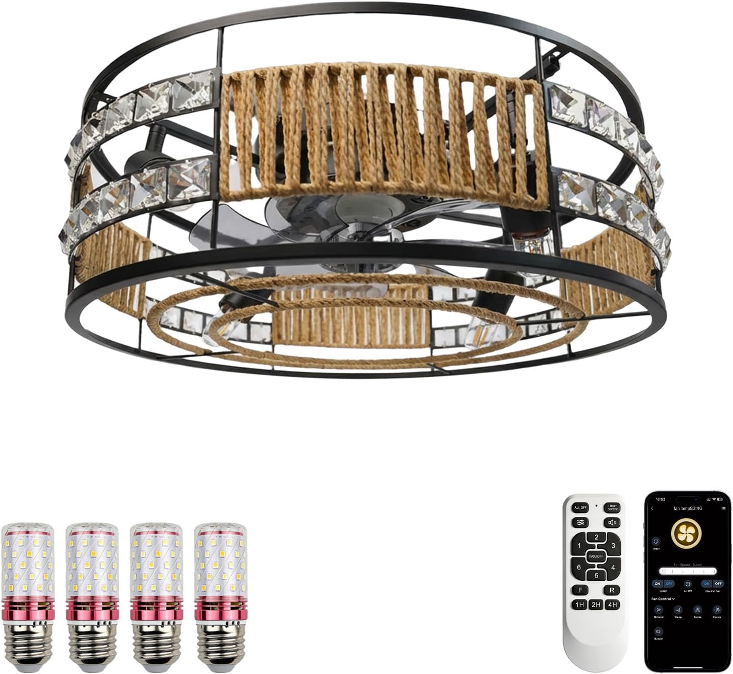 Ceiling Fans with Lights Flush Mount, 20 Inch Caged Low Profile Ceiling Fans with 3 Mode Lighting and Remote Control with E26 Bulbs for Bedroom, Nursery, Garage (Brown)
