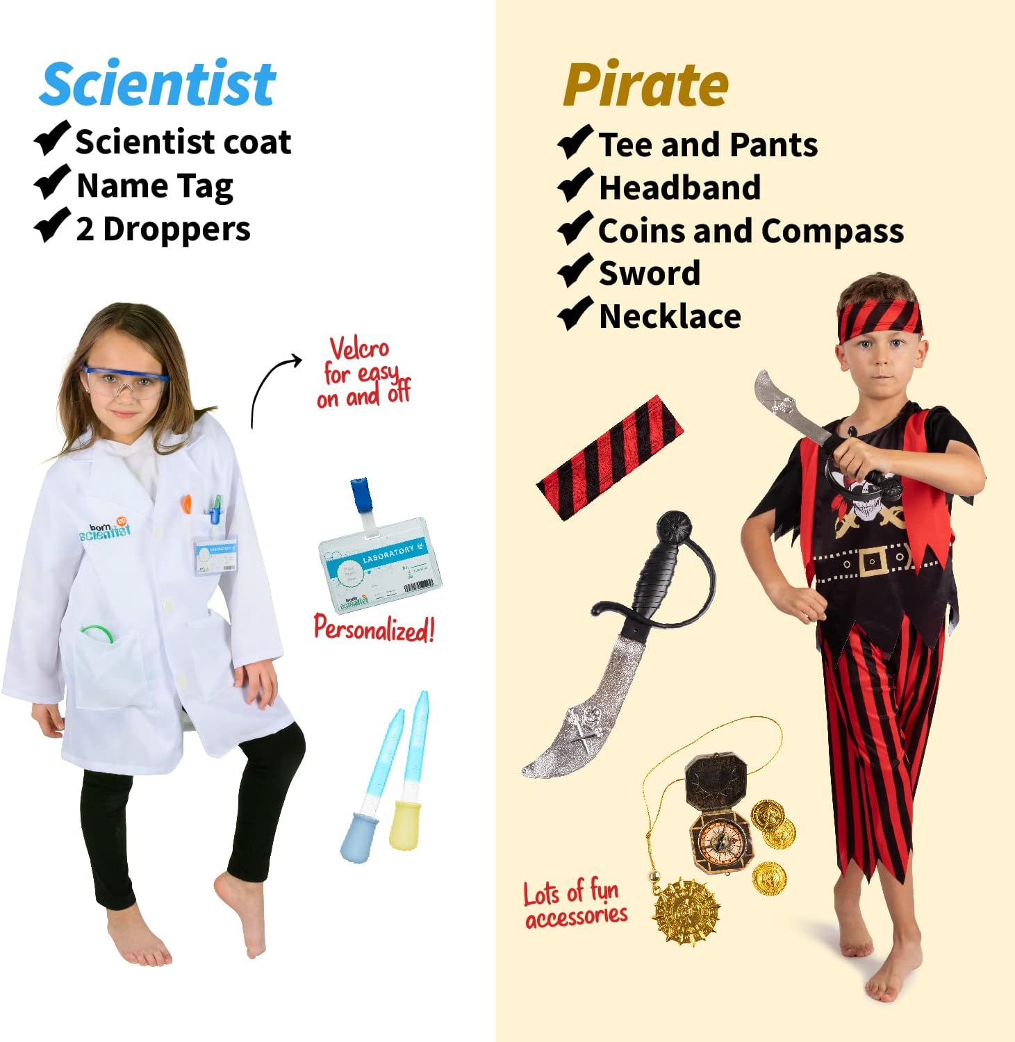 Born Toys 6-in-1 Kids' Dress Up & Pretend Play - Kids Costumes for Boys & Girls Ages 3-7 (Firefighter, Astronaut, Scientist, Construction, Pirate, Office Set and Gardening)